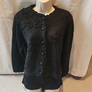 Black Brocade Button-Up Knit Cardigan